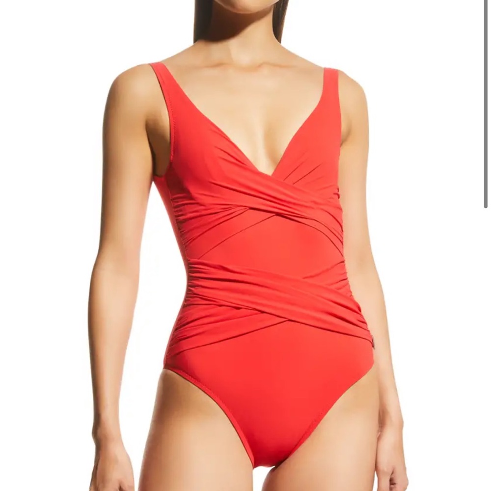 SHAN Red V-Neck Ruched One-Piece Swimsuit size 12